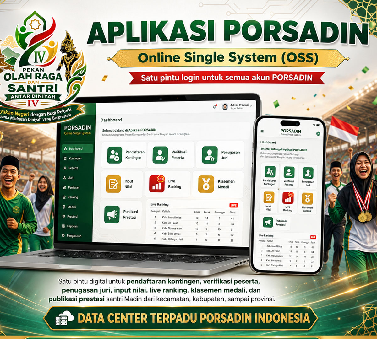 PORSADIN-Pekan Olahraga dan Seni Antar Diniyah. Aplikasi untuk registrasi, input nilai, live ranking dan publikasi prestasi hasil PORSADIN dari kecamatan, kabupaten sampai provinsi.