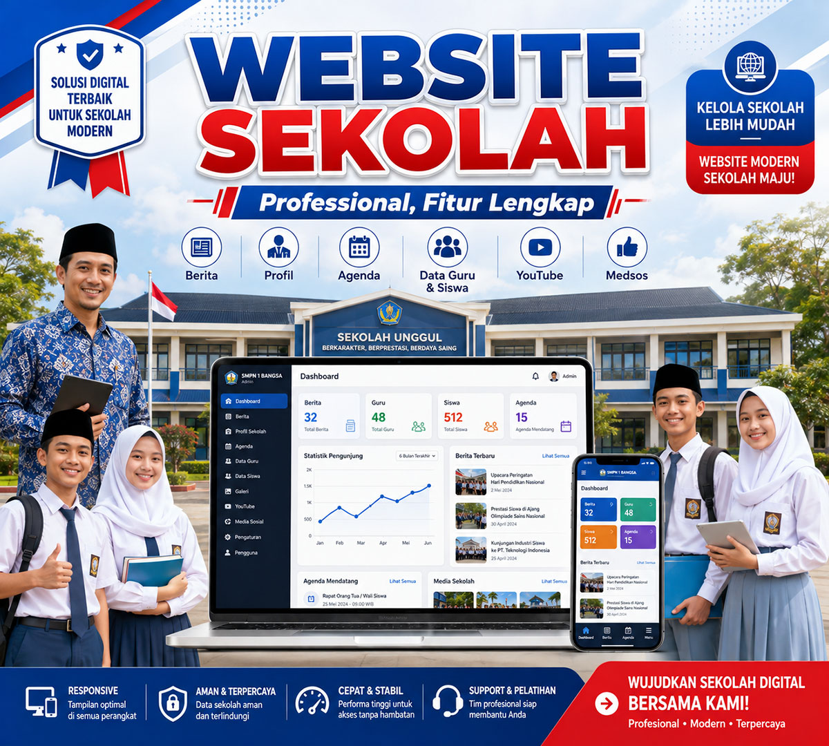 WEB SEKOLAH-Professional, Fitur Lengkap, Berita, Artikel, Photo Gallery, Profil, Agenda, Data Guru & Siswa, YouTube and Medsos